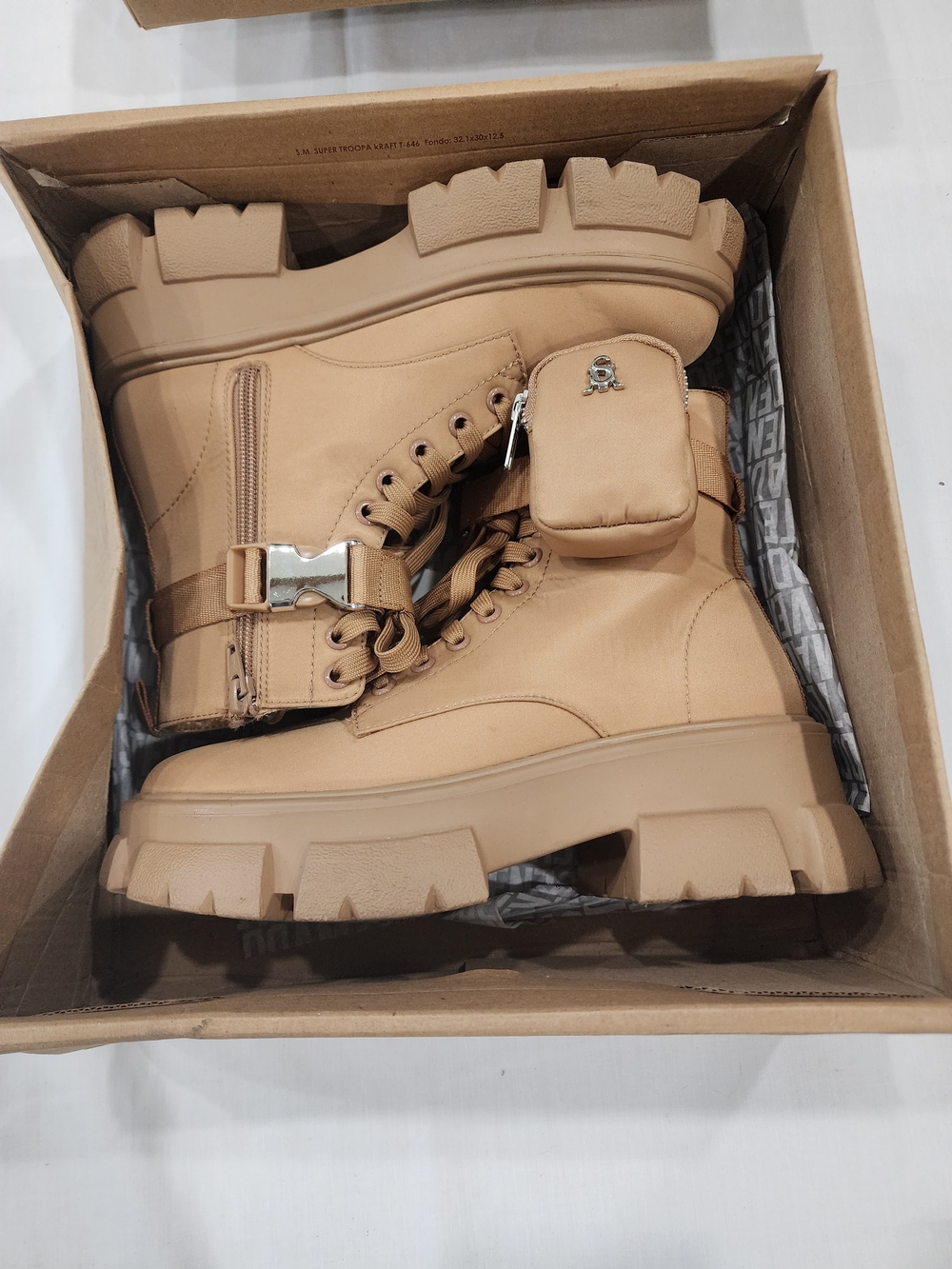 Steve Madden Beige Chunky Combat Boots with Detachable Pouch